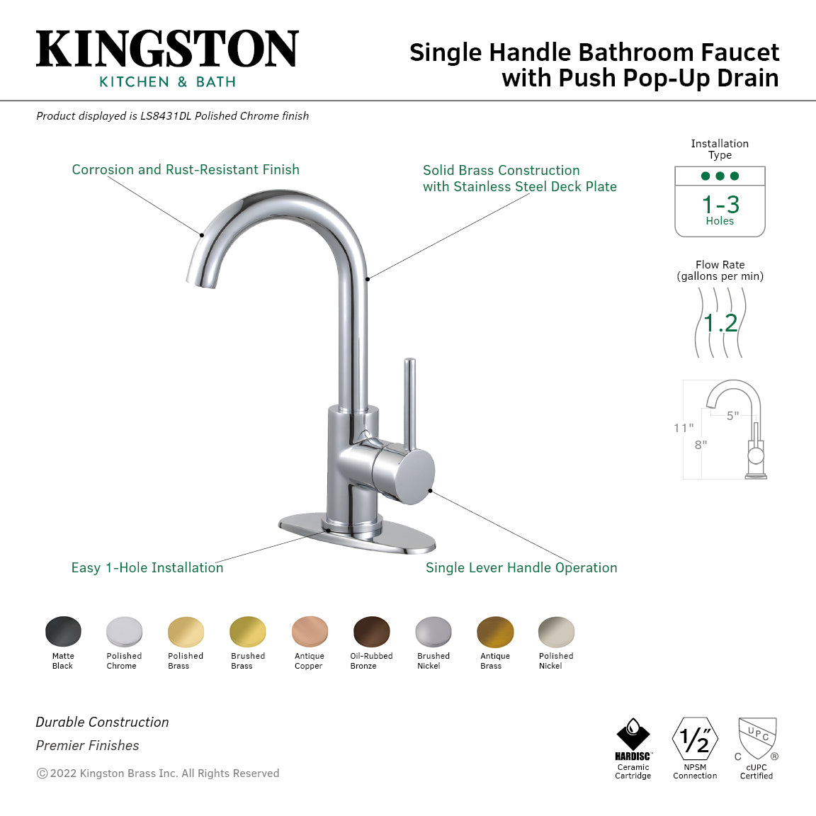 Kingston Sona LS8431DL - Concord One-Handle 1-Hole Bathroom Faucet with Deck Plate and Push Pop-Up Drain, Polished Chrome — thumbnail 2